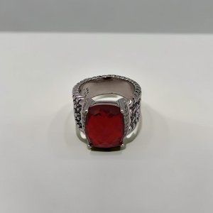 Ring with Red Garnet and Pave Diamonds in Sterling Silver